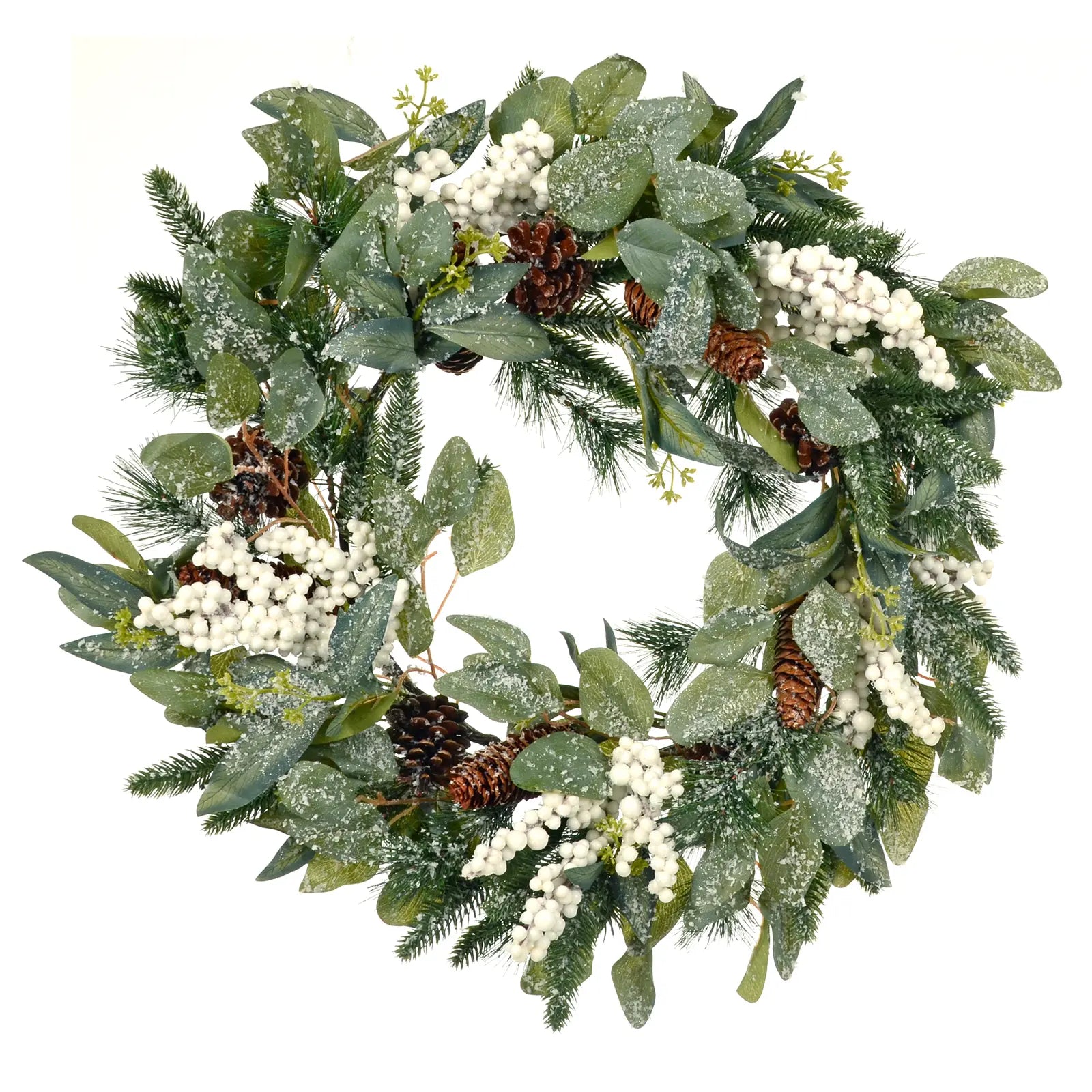 mr crimbo white berry pine cone christmas wreath featuring white berry clusters, mixed foliage and pine needle branches